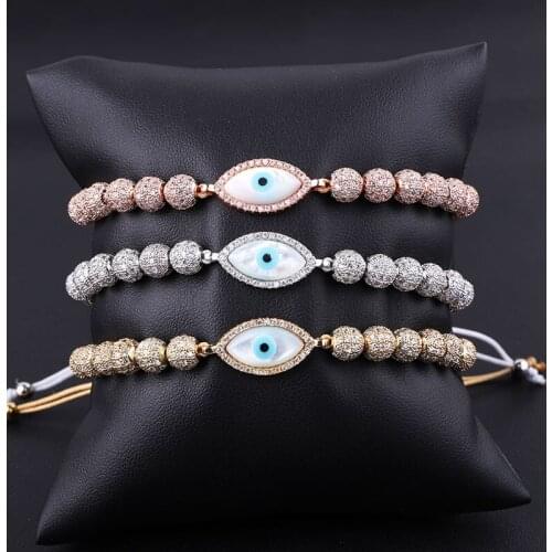 High Quality New Design Fashion CZ Pave Ball Shell Eye Charm Stainless Steel Beads Luxury Bracelet Men Women
