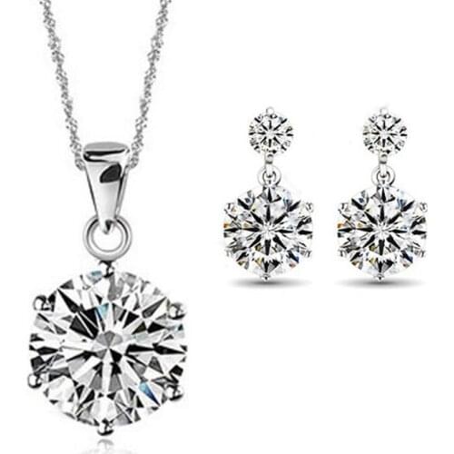 Fine Jewelry Sets 925 Sterling Silver Classic Cubic Zirconia CZ Pendant Neckalce Stud Earring Set 6 Claws Nice Made