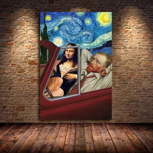 Funny Van Gogh and Mona Lisa Driving Canvas Posters Abstract Smoking Paintings Wall Art Pictures For Bedroom Home Decor Unframed