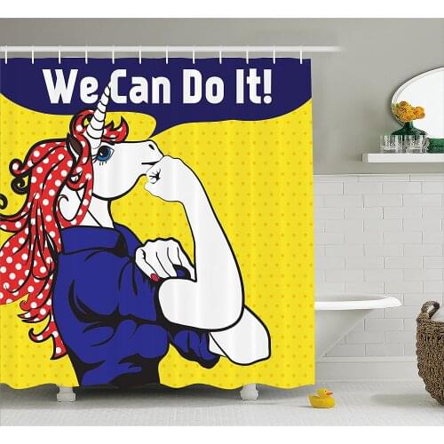 Unicorn Shower Curtain Feminist Unicorn with Famous Gesture on Polka Dots Setting Strength Humor Wall Decoration Curtains