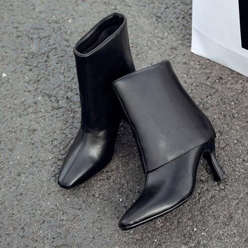 2021 Fashion Women Boots Mid-Calf Thin High Heels Slip On PU Leather Straight Booties Simplicity Decent Daily Shoes Size 35-39