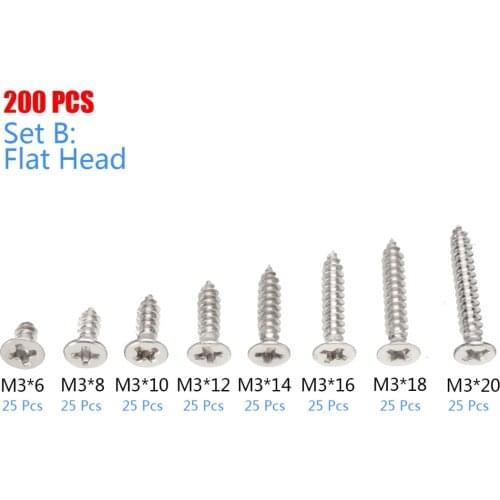 200Pcs High Strength Self-Tapping Screws Kits M3 Stainless Steel Flat/Pan Head Screws Assortment Kit M3x6/8/10/12/14/16/18/20