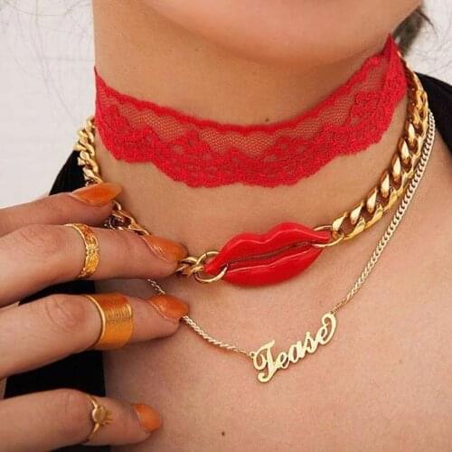 3 Pcs/Set Punk Women Red Lace Lip Letter Choker Necklace for Women Set Clavicle Necklace for Women Party Jewelry Gifts