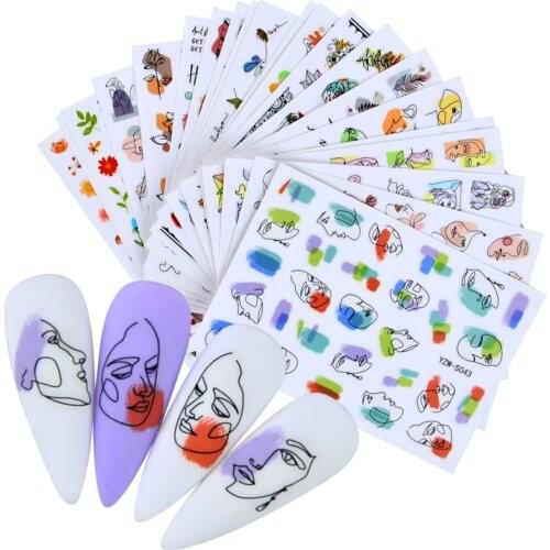 Abstract Face Nail Sticker Black Mandala Flower Green Leaf Pop Style illustration Sketch Adhesive Nail Decal DIY Manicure Tools