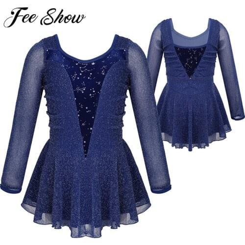 Kids Girls Shiny Stretchy Glitters Velvet Splice Ice Skating Roller Figure Skating Dress Ballet Dance Contemporary Leotard Dress