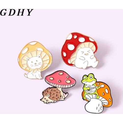 Cartoon Mushroom Enamel Pin hedgehog frog cat Mushroom Custom Guitar Brooches Lapel Badge Plant Jewelry Gift for Kids Friends