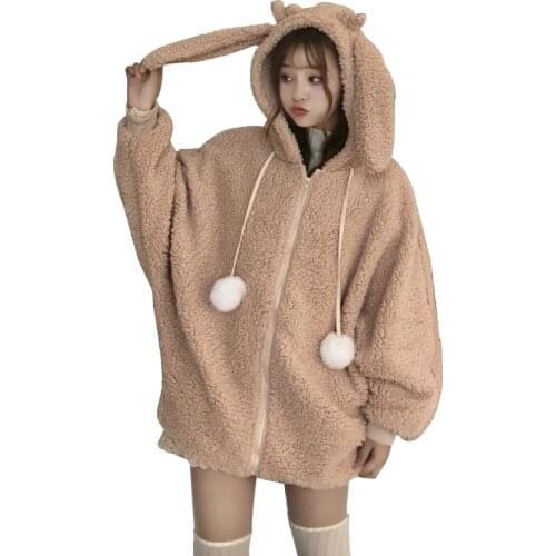 Elegant Faux Fur Hoodie Jacket Women Autumn Winter Warm Soft Fur Zipper Hoodies Pocket Cute Rabbit Ears Plush Hoodies Sweatshirt