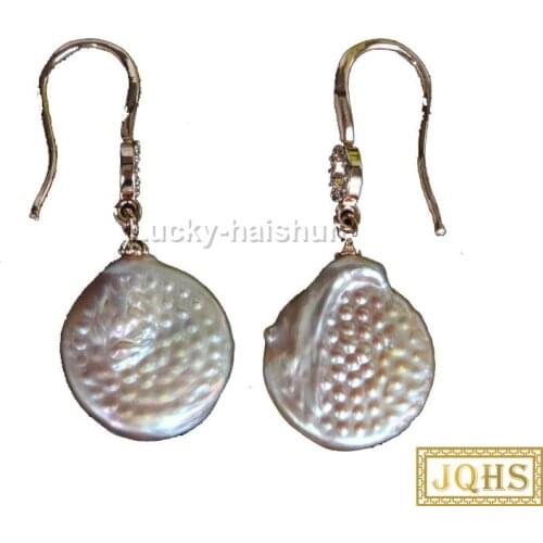 JQHS Super Luster 16mm Dangle coin bleb fastener pink-purple pearls Earrings 925 silver hook j13107