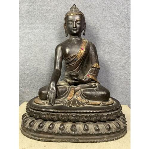 Chinese temple collection Old Bronze Gilt mosaic Gem Shakyamuni Buddha statue Sitting on the lotus platform Enshrine the Buddha