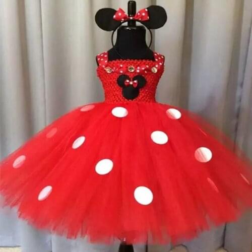 Girls Red Mickey Cartoon Tutu Dress Kids Crochet Tulle Dress Ball Gown with Hairbow Set Children Birthday Party Costume Dresses