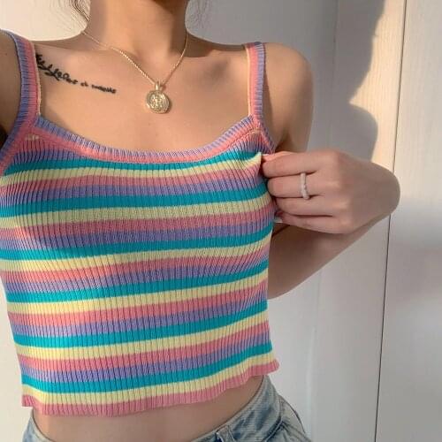 Y2k crop top Screw Thread Camis Women Casual Knitted Sexy Rainbow spaghetti strap tank top Summer 2021 Fashion womens Clothing