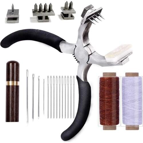 LMDZ Stitching Hole Punch, 4mm Silent Rhombus Leather Hand Pliers with Leather Needle, Wooden Needle Case, Waxed Thread