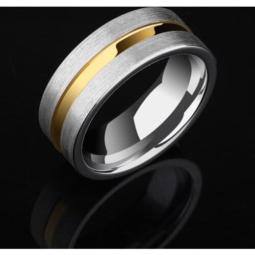 2019 New Arrival 8mm Width Silver Mens Wedding Ring Tungsten Carbide Band Brushed Finishing with Gold Color Groove Comfort Fit