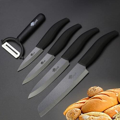 Ceramic Knife cooking set 3" 4" 5" inch+6 inch Serrated Bread Knife+Peeler Zirconia Black Blade Fruit Cooking Kitchen Knives