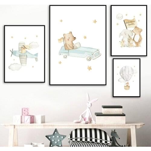 Hot Air Balloon Watercolor Canvas Prints Adventure Animals Poster Boys Nursery Wall Art Picture Nordic Painting Kids Room Decor