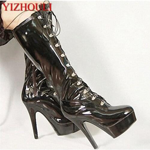 Sexy 15 cm thick bottom crystal high-heeled boots/pole dancing boots performance Cotton-padded leather shoes