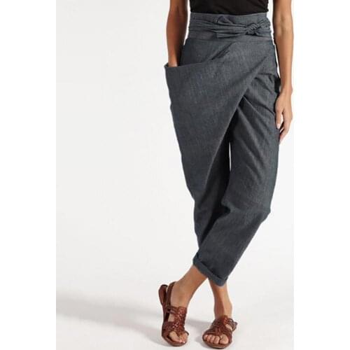 60%HOTWomen Pants Irregular Pockets Streetwear Solid Color High Waist Cropped Pants for Dating