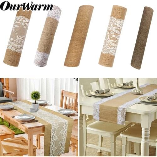 OurWarm Hessian Jute Lace Table Runner Natural Flower Burlap Table Cover Cloth Dinner Room Rustic Wedding Party Table Decoration