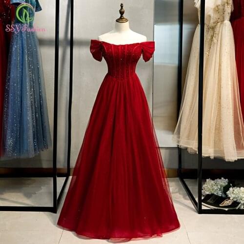 SSYFashion New Banquet Elegant Burgundy Evening Dress Boat Neck Beading Floor-length Long Formal Prom Gown Vestido De Noche