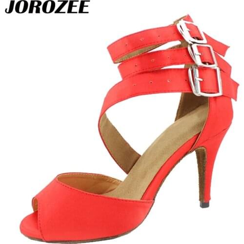 JOROZEE Latin Dance Shoes Women Red Satin Wedding Party Salsa Dancing Shoes High Thin Heel 8.5cm Sof Outsole