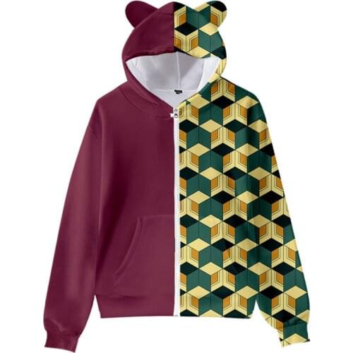Japan Anime Demon Slayer Cosplay Kawaii Cute Cat Ears Hoodie Sweatshirt Zip Up Hooded Boy Girl Teen Unisex Jacket