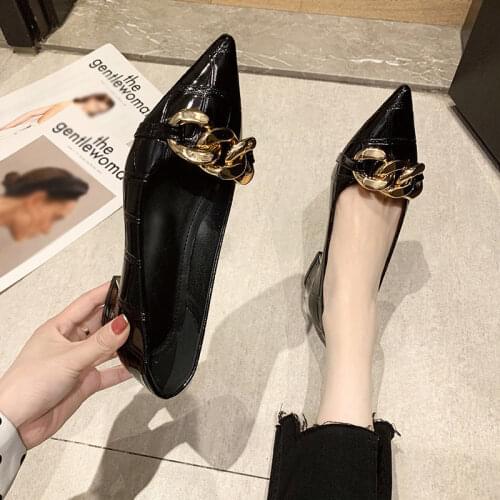 Women Pumps Low Heels Pointed Toe PU Flock Chain Solid Slip-On Shallow Female Flat Single Shoes Elegant Mature Ladies Footwear