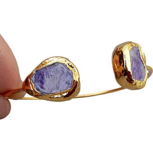 Y·YING Natural Purple Charoites Gold color Plated Bangle Bracelet Adjustable Minimalism