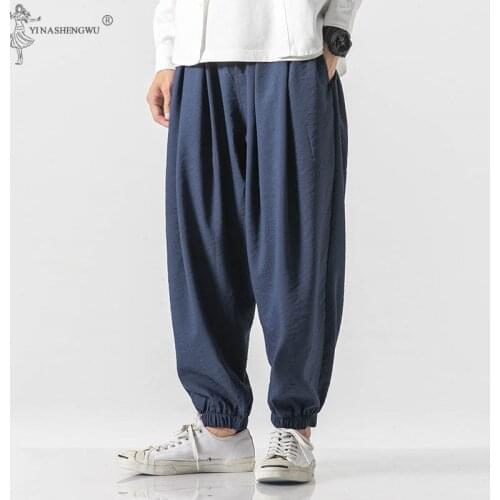 Japanese Fashion Kimono Print Pants Asian Autumn Costume Casual Long Pants Kimono Yukata Mens Harem Pantslarge Size Cotton Pant