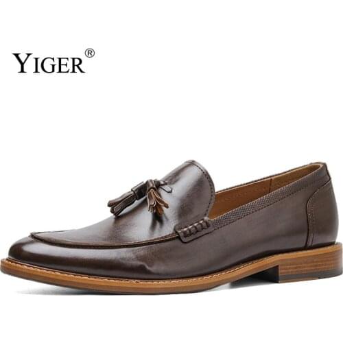 YIGER Mens Loafers shoes Man Business Oxford Shoes Male Wood grain tassels Slip on Dress shoes High Quality Brand Vintage shoes
