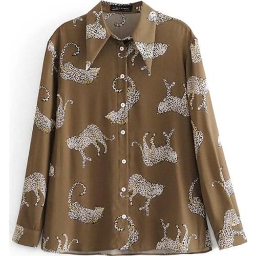 Evfer Chic Lady Animal Print MG Autumn Brown Long Shirt Tops Women Casual Turn-Down Collar Long Sleeve Leopard Print Blouse Chic