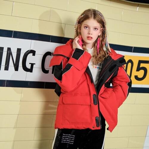 Women Workwear Short Red Hooded Down Jacket New Coat Loose Autumn Winter Fashion Warm Parka Casual Outwear Puffer Jacket Women