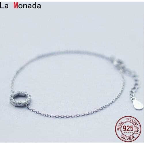 La Monada 15+3.5cm Women Bracelet Silver On Hand Chain Bracelet Circle Charm 925 Sterling Silver Bracelet For Women Girls Female