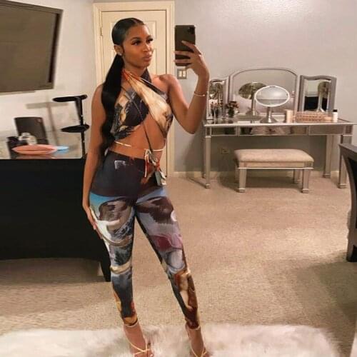 2021 New Two Piece Set Women Summer Halter Cross Bandage Crop Tops and Pants Vintage Printed Sext Club 2Pcs Pant Set Female