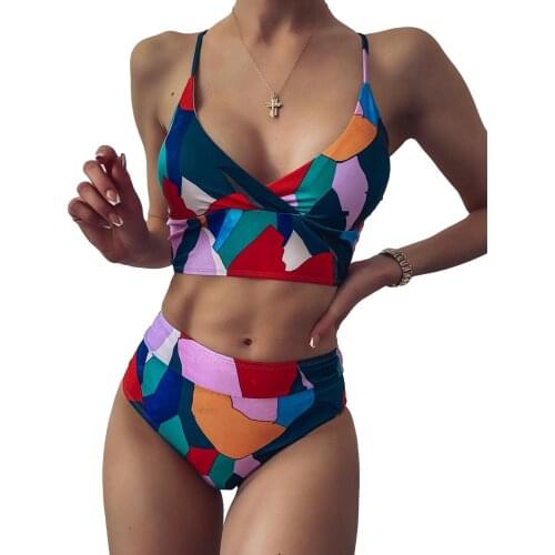 Womens Sexy Bikini Multicolor Retro Geometric Print V-neck Split Swimsuit Sexy Bikini Bright Color Comfortable Fashion Swimwear