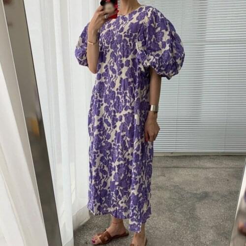 Summer New Maxi Dresses for Women Printed Round Neck Loose Dress Casual Female Retro Puff Sleeves Ropa Mujer Talla Grande 2021