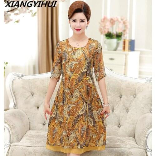 Dresses Fake Two Pieces Women Plus Size Clothing 5XL 2018 New Elegant Summer Vestidos middle aged printing Chiffon party Dress
