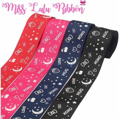 1-1/2"38mm White Ink Printing Glow in the Dark Cartoon Bowknot Strawberry Lover Printed Solid Grosgrain Ribbon DIY 50yards/roll