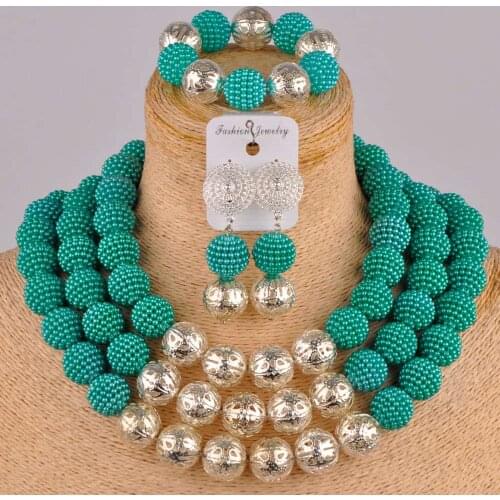 Teal green and siver costume necklace african jewelry set simulated pearl nigerian traditional wedding set FZZ92