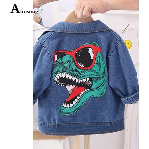 Aimsnug Children Demin Jacket Boys Dinosaur Print Jackets Autumn 2021 Single-breasted Loose Coats Kids Jean Demin Top Outerwear