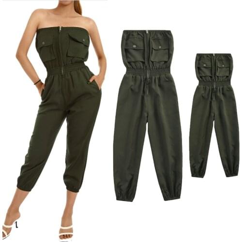 FOCUSNORM Summer Girls Women Family Parent-child Jumpsuit Casual Strapless Solid Color Strapless Overalls with Pockets