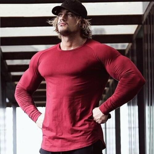Mens Brand Solid Color Fitness Fashion Bodybuilding Long Sleeve Clothing Breathable Autumn and Winter Trend Slim Sports T Shirt