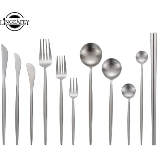 Cutlery Set Dessert Fork Knives Spoon Chopsticks Stainless Steel Silverware Steak Tableware Matte Silver Dinnerware tableware