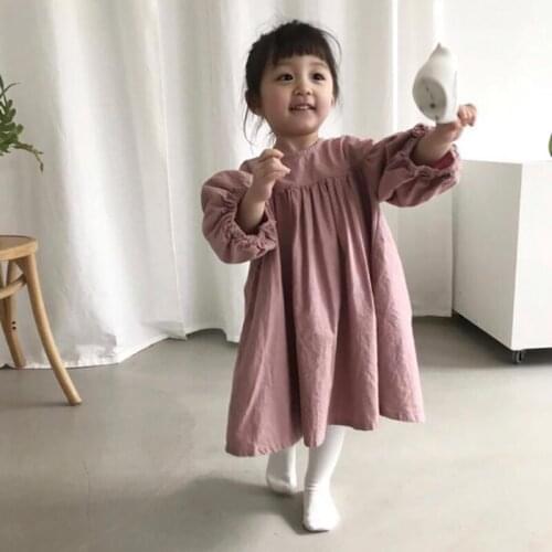 Girls Cotton And Linen Lantern Sleeve Dress 2021 Autumn New Forest Retro A-Line Dresses WT014
