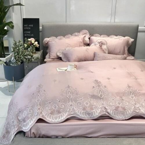 Luxury Princess 100S Egyptian cotton Embroidery Bedding sets Queen King Wedding Duvet cover Bed sheet set Pillowcases 4/6pc pink