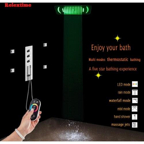 Concealed Thermostatic Shower Set Panel Bathroom Mixer Faucet Bath Tap Nozzle Glow Ceiling Shower Head Rain Mist Massage Jets