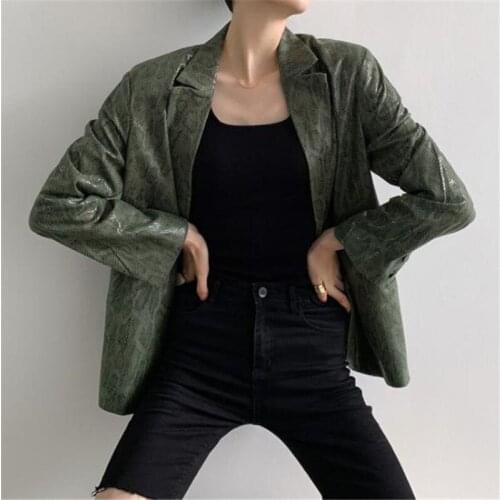 2021 Spring Women Green Faux Leather Blazer Female Long Sleeve Elegant Jacket Pockets Ladies PU Blazer Suits