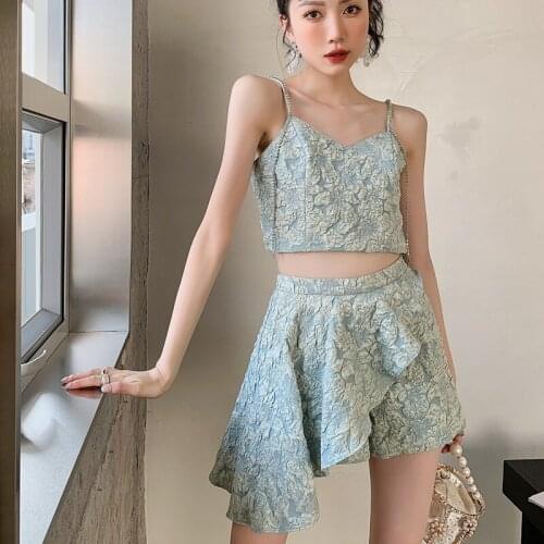 ZCSMLL two pcs Suit women vintage chic printing diamond chain short sling top ruffled hakama two-piece set 2021 summer tide
