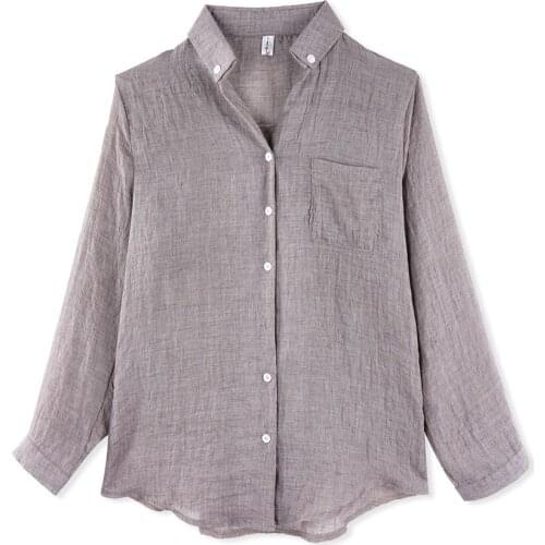 Neatie kiddie Cotton Linen Women Casual Shirt Tops Long Sleeve Pocket Front Single Breasted Stand Collar Chemisier Femme Clothes