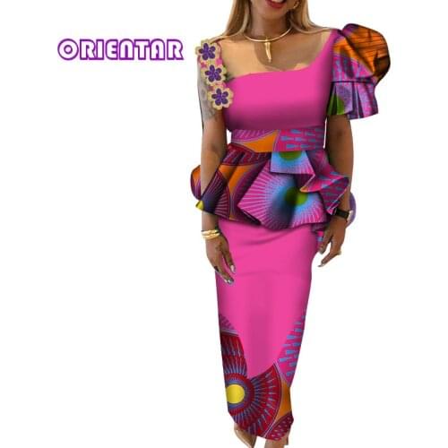 2 Pieces Set Women Suits African Print Skirts and Tops Set Traditional African Clothing Puff Sleeve Long Skirts Outfits WY211