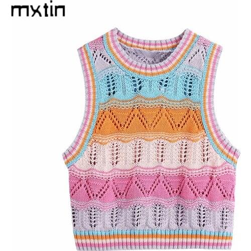 MXTIN 2021 Women Summer Fashion Striped Knitted Vest Sweater Vintage O-Neck Sleeveless Weave Female Waistcoat Chic Casual Tops